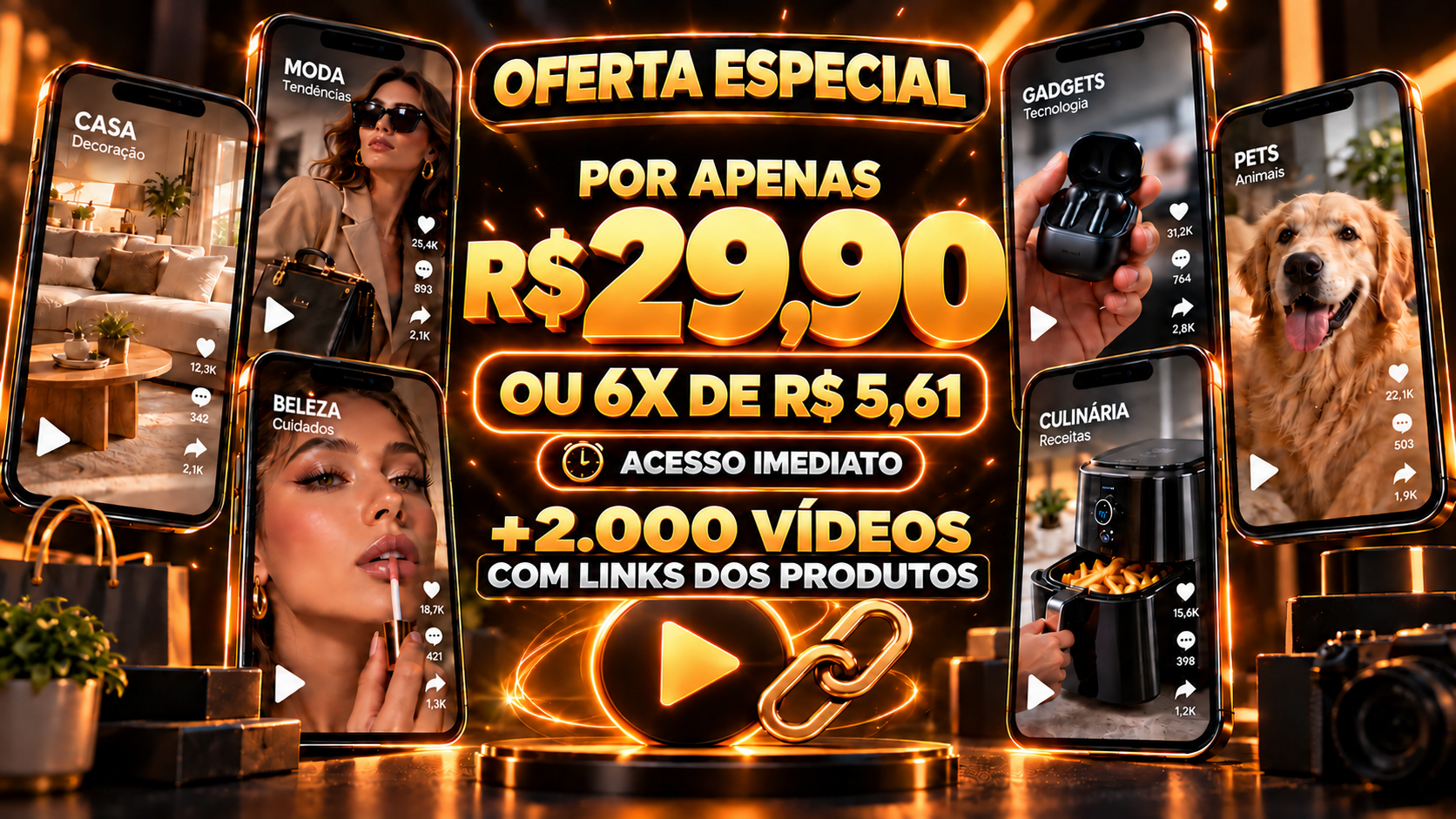 Oferta especial: pack com mais de 2.000 vídeos por R$ 29,90 ou 6x de R$ 5,61, com acesso imediato